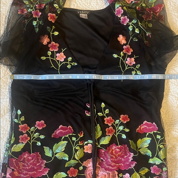 VENUS Black Sheer Blouse with Pink and Green Floral Embroidery - Picture 7 of 13